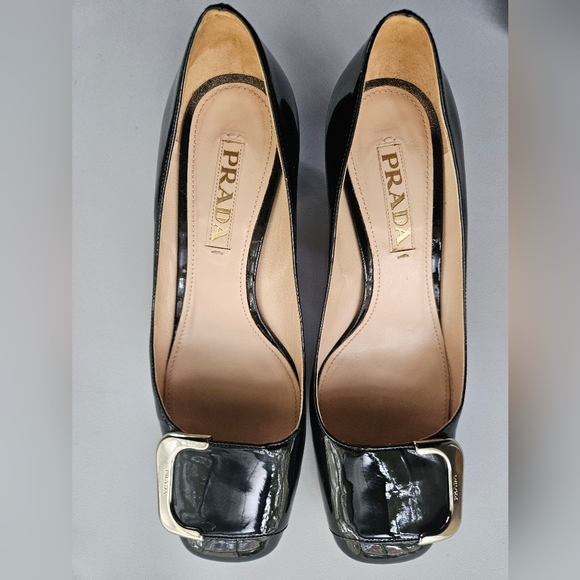 PRADA Black Patent Leather Block Heel Buckle Square Toe Pumps | SZ 6.5 - Picture 5 of 12